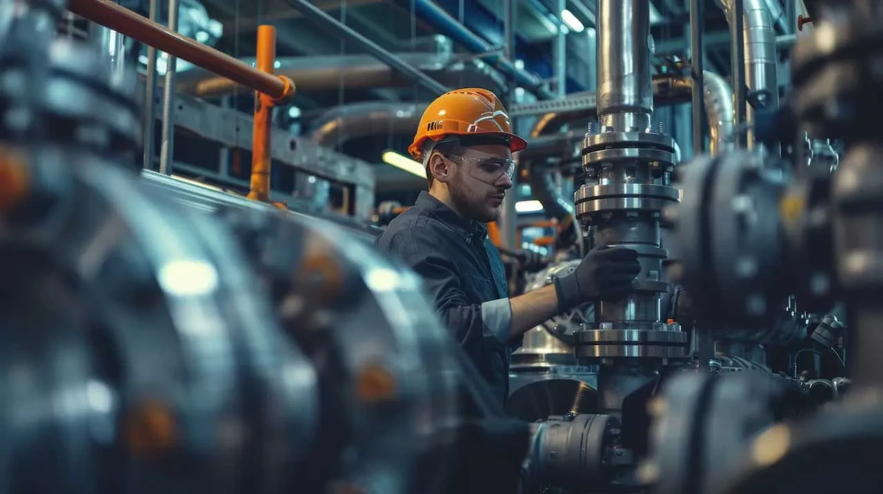 Especialista revisando un sistema de bombeo industrial